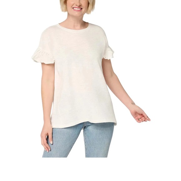 LOGO by Lori Goldstein Tops - LOGO by Lori Goldstein Women's 100% Cotton Ruffle Sleeve Tee Alabaster #36#